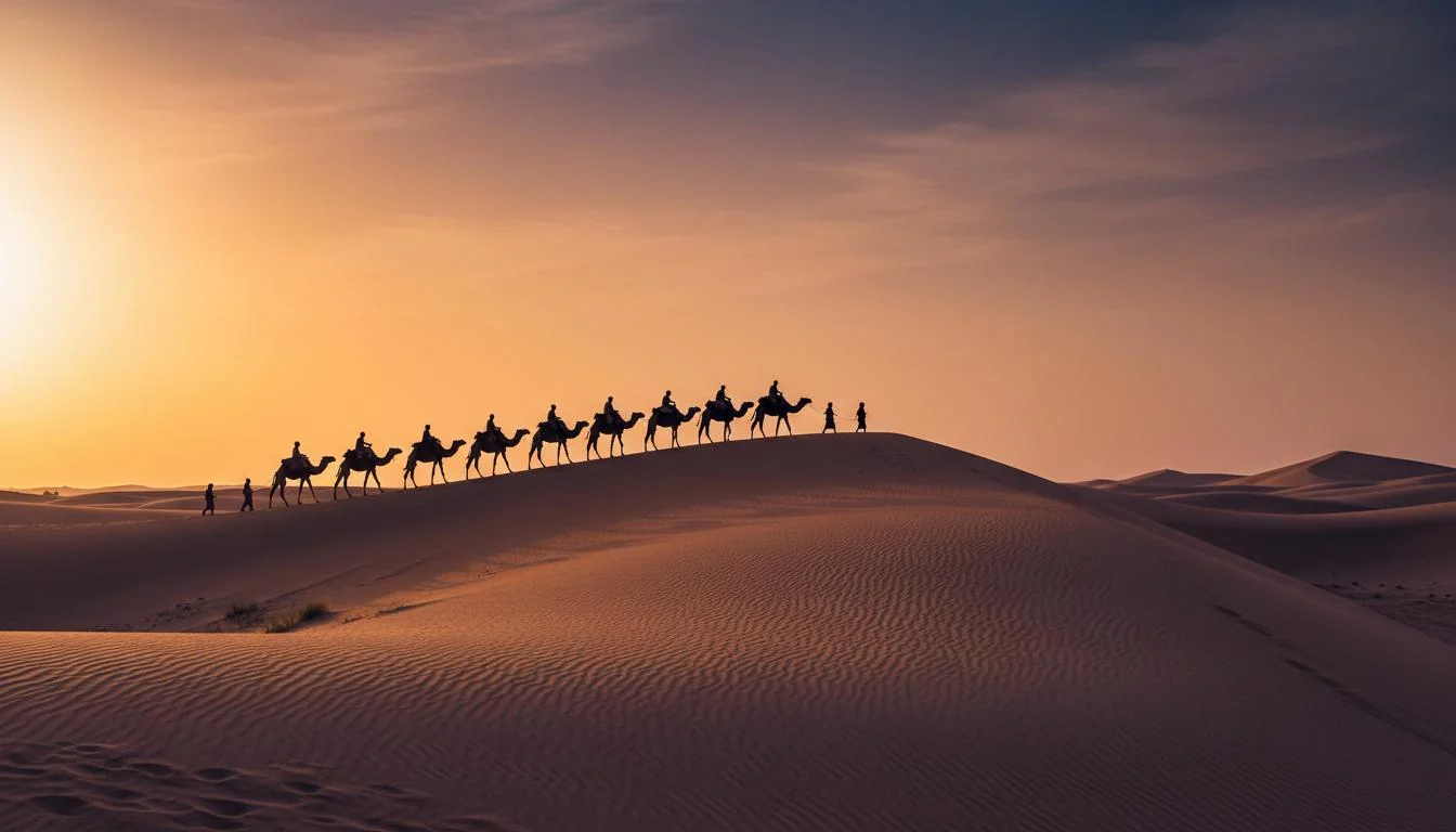 Camel caravan crossing the Sahara dunes